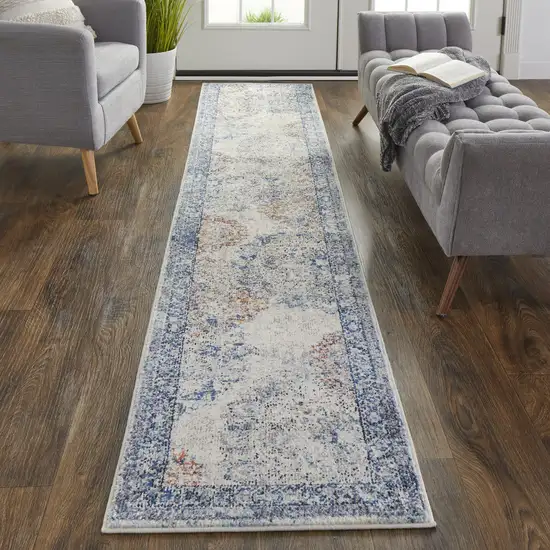 10' Blue Ivory And Red Floral Power Loom Distressed Stain Resistant Runner Rug Photo 4