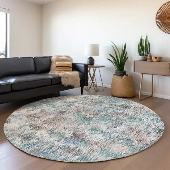 8' Blue Ivory And Sage Round Abstract Washable Indoor Outdoor Area Rug Photo 5