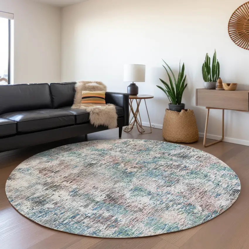 8' Blue Ivory And Sage Round Abstract Washable Indoor Outdoor Area Rug Photo 5
