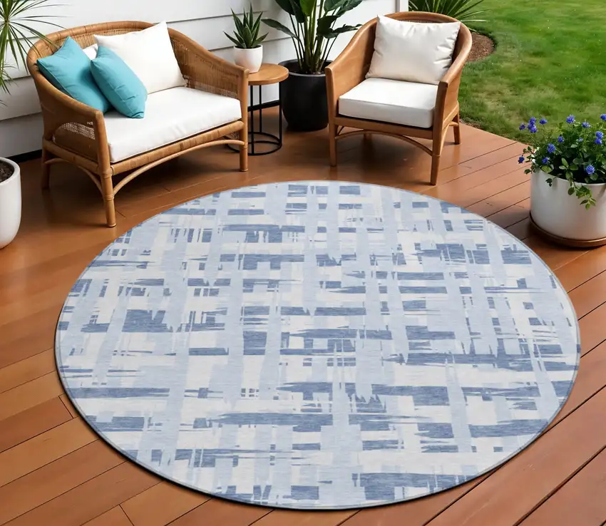 8' Blue Ivory And Sky Blue Round Striped Washable Indoor Outdoor Area Rug Photo 2