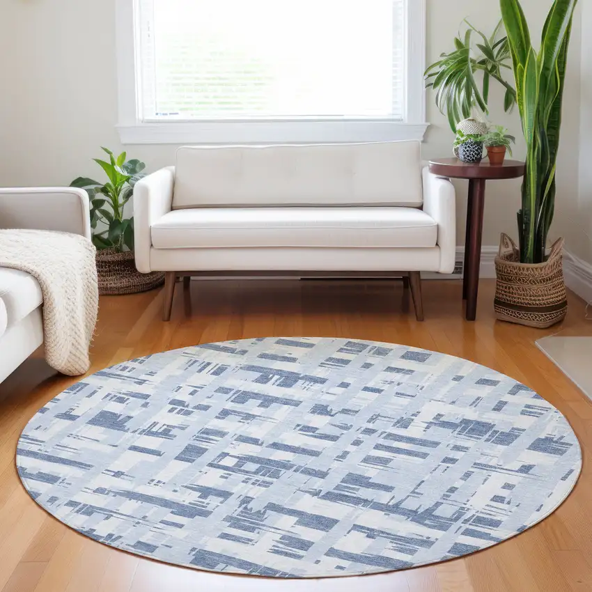 8' Blue Ivory And Sky Blue Round Striped Washable Indoor Outdoor Area Rug Photo 6