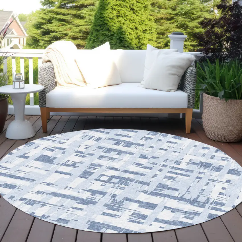 8' Blue Ivory And Sky Blue Round Striped Washable Indoor Outdoor Area Rug Photo 5