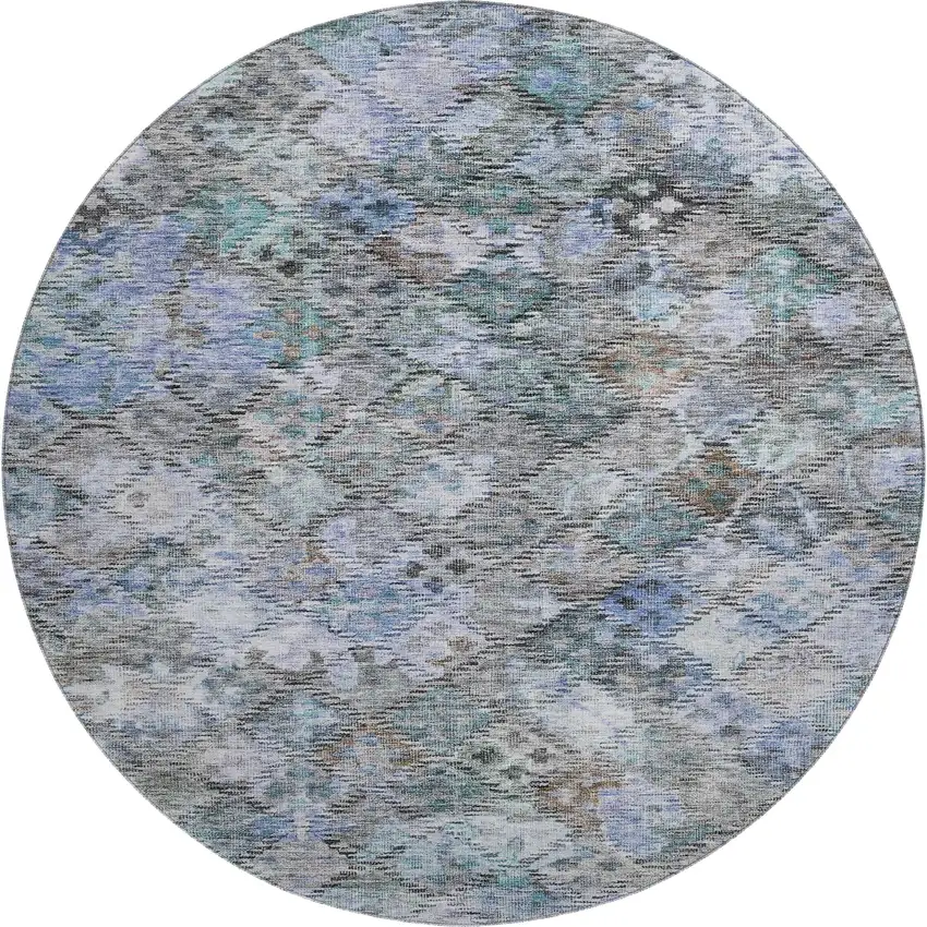 8' Blue Ivory And Taupe Abstract Geometric Washable Round Rug With UV Protection Photo 1