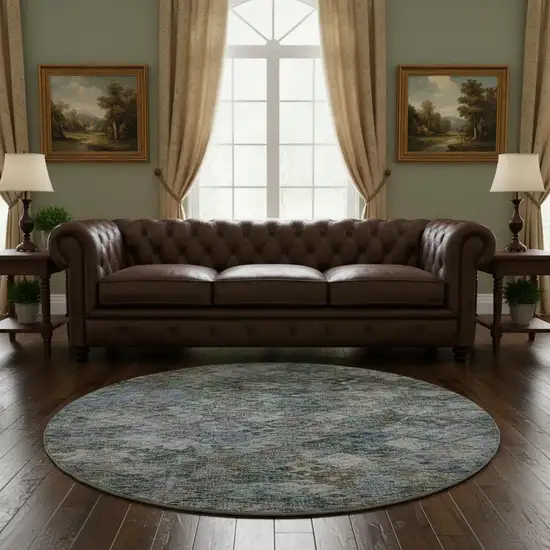 8' Blue Ivory And Taupe Abstract Geometric Washable Round Rug With UV Protection Photo 2