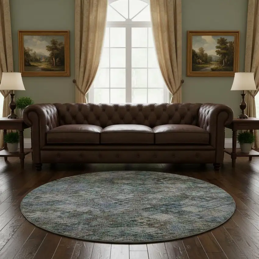 8' Blue Ivory And Taupe Abstract Geometric Washable Round Rug With UV Protection Photo 2