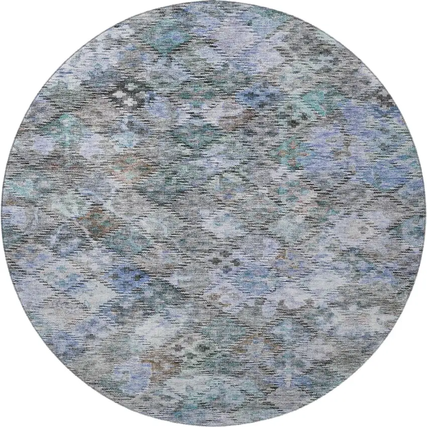 8' Blue Ivory And Taupe Abstract Geometric Washable Round Rug With UV Protection Photo 3