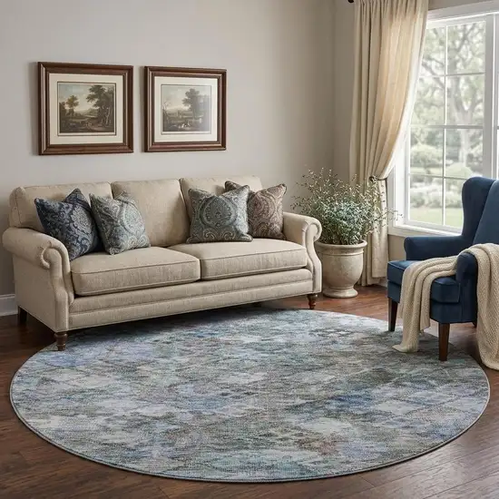 8' Blue Ivory And Taupe Abstract Geometric Washable Round Rug With UV Protection Photo 1