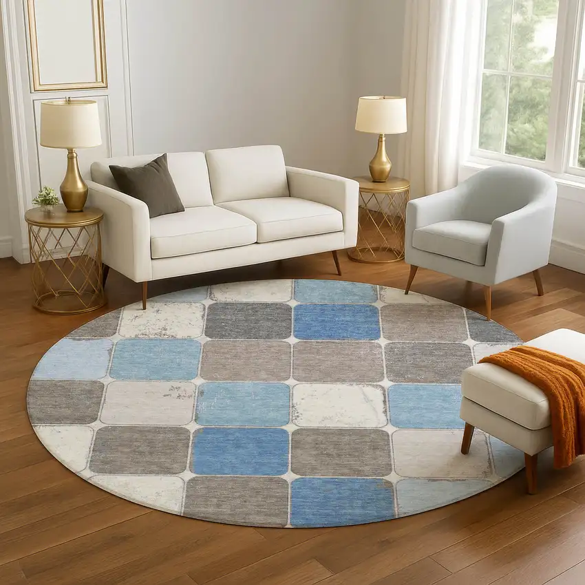 8' Blue Ivory And Taupe Geometric Washable Round Rug With UV Protection Photo 5