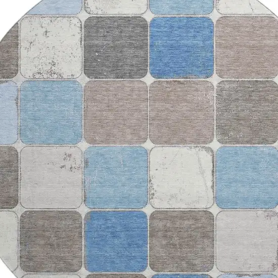 8' Blue Ivory And Taupe Geometric Washable Round Rug With UV Protection Photo 3