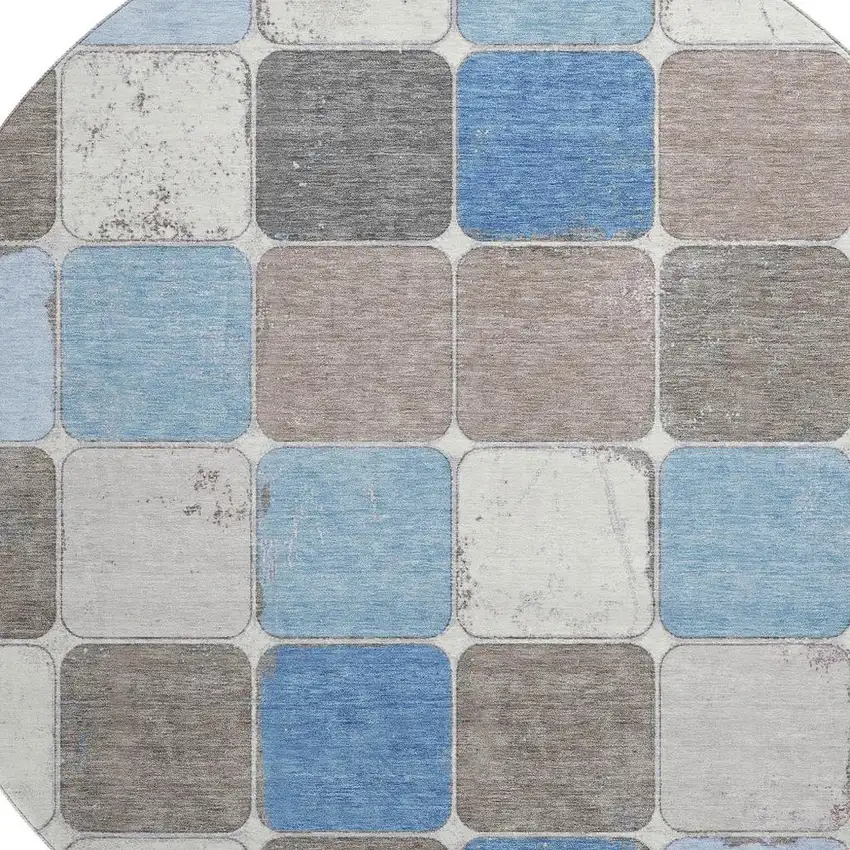 8' Blue Ivory And Taupe Geometric Washable Round Rug With UV Protection Photo 3