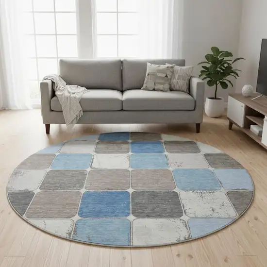 8' Blue Ivory And Taupe Geometric Washable Round Rug With UV Protection Photo 2