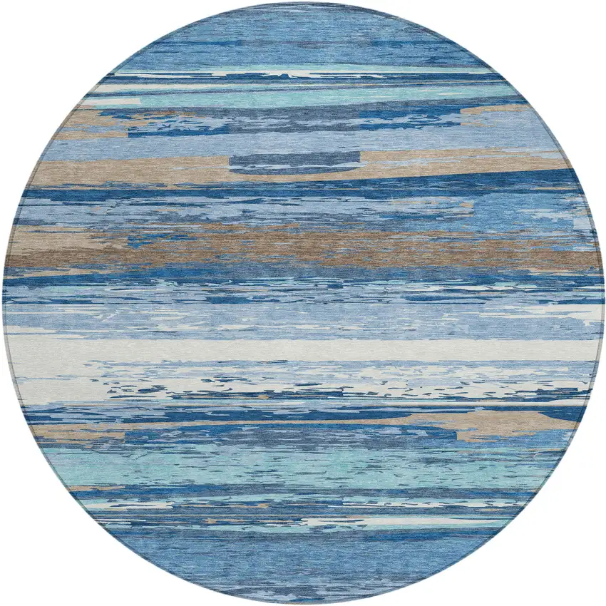 8' Blue Ivory And Taupe Round Striped Washable Indoor Outdoor Area Rug Photo 2