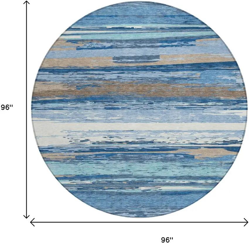 8' Blue Ivory And Taupe Round Striped Washable Indoor Outdoor Area Rug Photo 3