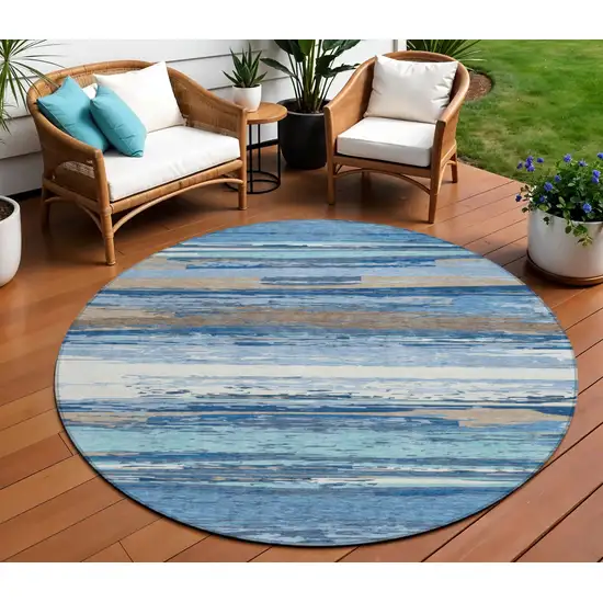 8' Blue Ivory And Taupe Round Striped Washable Indoor Outdoor Area Rug Photo 1