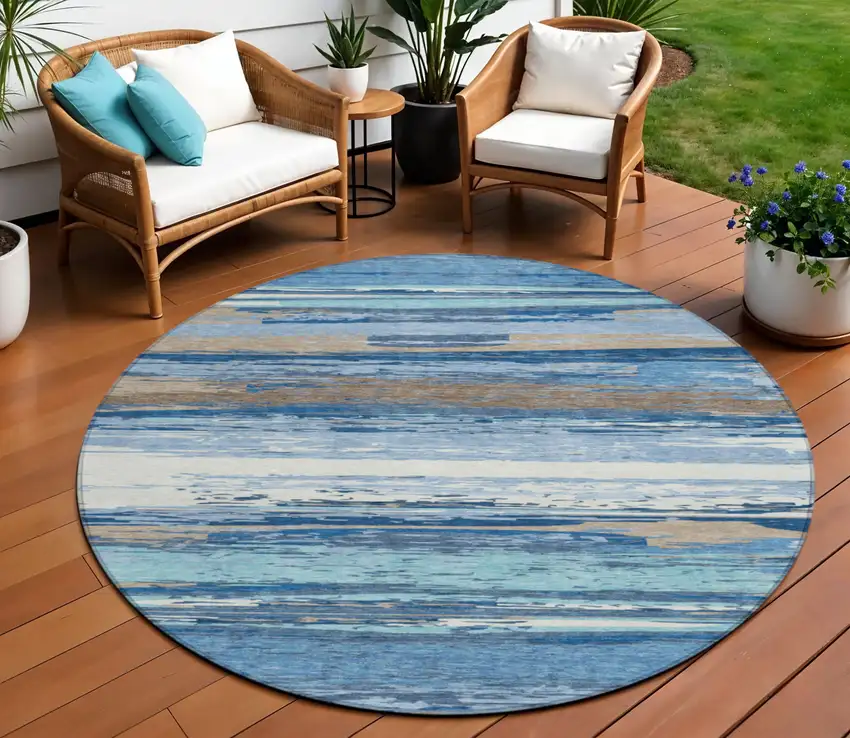 8' Blue Ivory And Taupe Round Striped Washable Indoor Outdoor Area Rug Photo 1
