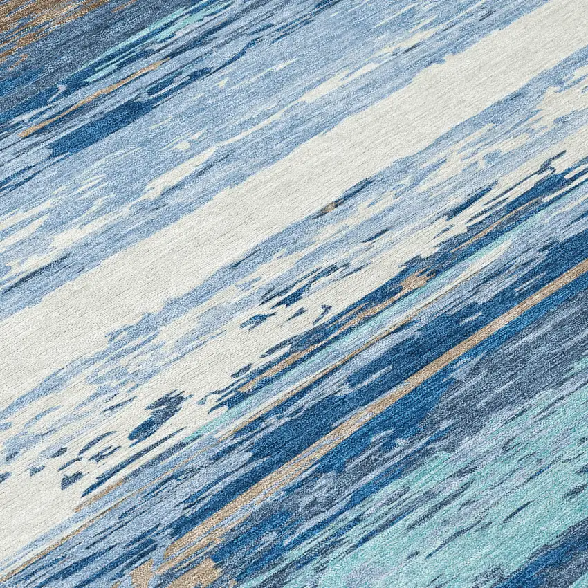 8' Blue Ivory And Taupe Round Striped Washable Indoor Outdoor Area Rug Photo 9