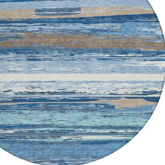 8' Blue Ivory And Taupe Round Striped Washable Indoor Outdoor Area Rug Photo 7