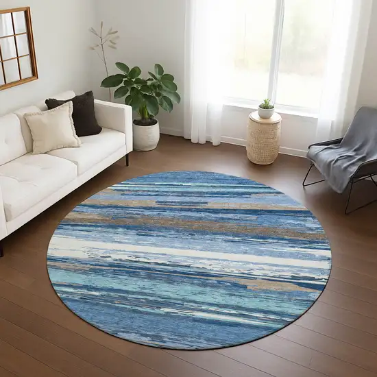 8' Blue Ivory And Taupe Round Striped Washable Indoor Outdoor Area Rug Photo 9