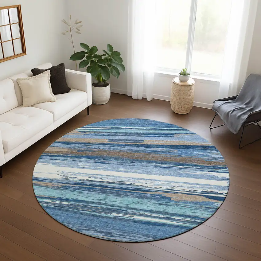8' Blue Ivory And Taupe Round Striped Washable Indoor Outdoor Area Rug Photo 9