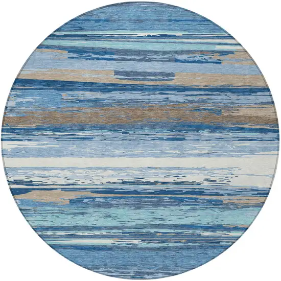 8' Blue Ivory And Taupe Round Striped Washable Indoor Outdoor Area Rug Photo 5