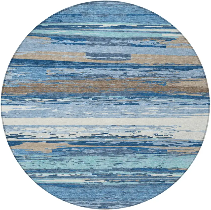 8' Blue Ivory And Taupe Round Striped Washable Indoor Outdoor Area Rug Photo 5