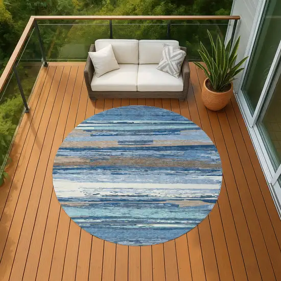 8' Blue Ivory And Taupe Round Striped Washable Indoor Outdoor Area Rug Photo 8