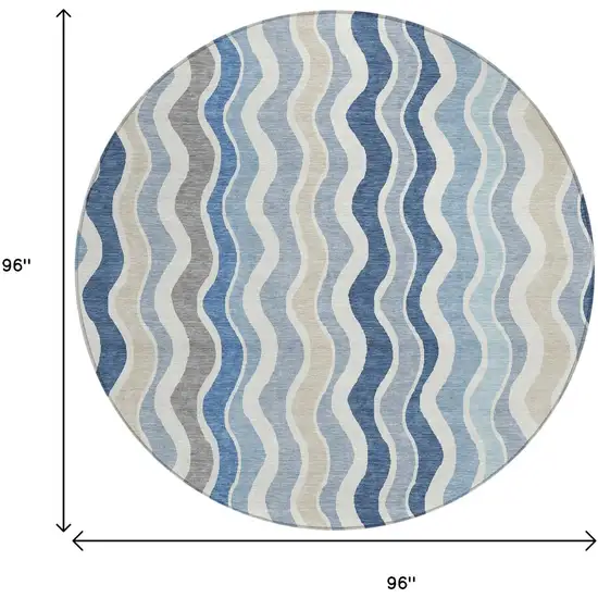 8' Blue Khaki And Ivory Round Striped Washable Indoor Outdoor Area Rug Photo 3