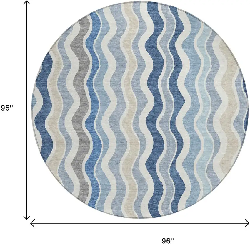 8' Blue Khaki And Ivory Round Striped Washable Indoor Outdoor Area Rug Photo 3
