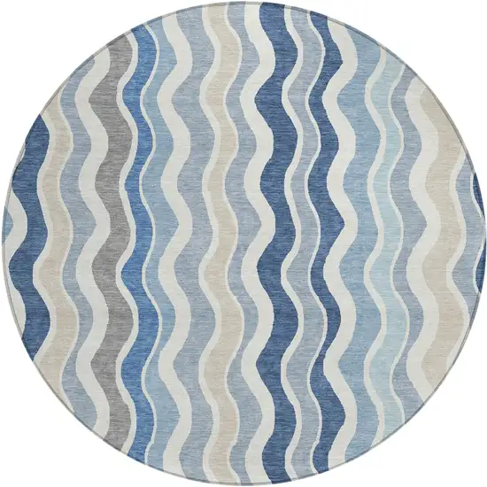 8' Blue Khaki And Ivory Round Striped Washable Indoor Outdoor Area Rug Photo 2