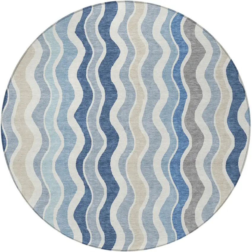 8' Blue Khaki And Ivory Round Striped Washable Indoor Outdoor Area Rug Photo 4