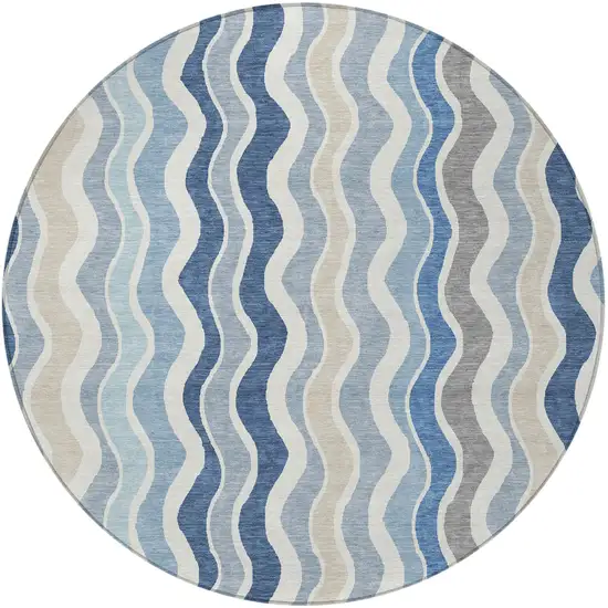 8' Blue Khaki And Ivory Round Striped Washable Indoor Outdoor Area Rug Photo 4