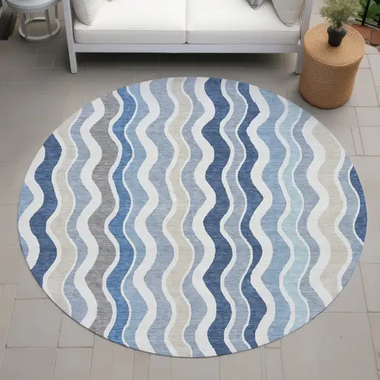 8' Blue Khaki And Ivory Round Striped Washable Indoor Outdoor Area Rug Photo 8