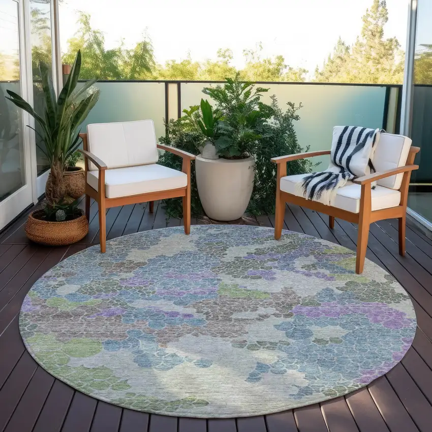 8' Blue Lavender And Brown Round Geometric Washable Indoor Outdoor Area Rug Photo 5