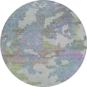Photo of 8' Blue Lavender And Brown Round Geometric Washable Indoor Outdoor Area Rug