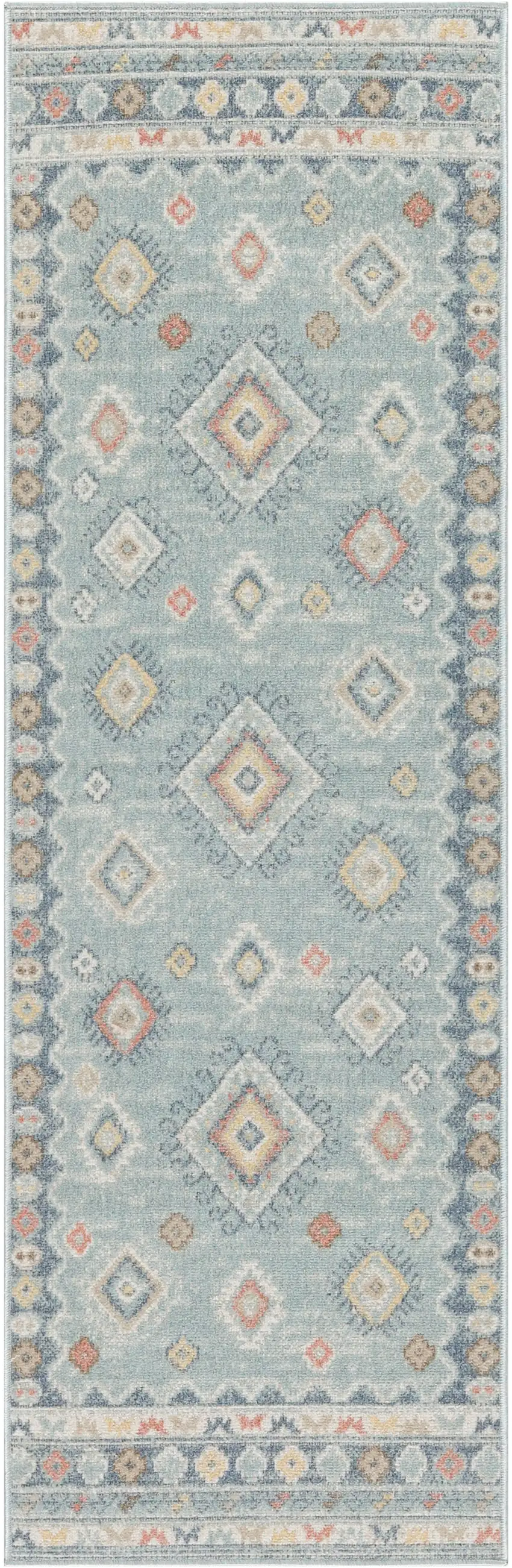 6' Blue Light Blue and Orange Geometric Flatweave Runner Rug Photo 2