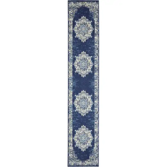 6' Blue Medallion Distressed Runner Rug Photo 7
