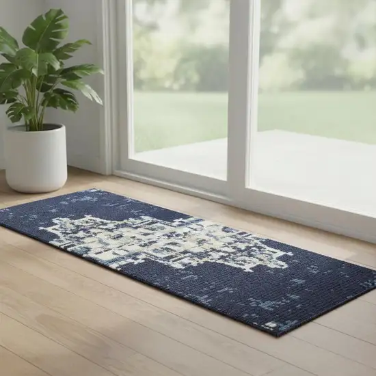 6' Blue Medallion Distressed Runner Rug Photo 1