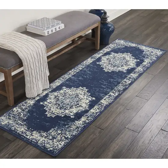6' Blue Medallion Distressed Runner Rug Photo 4