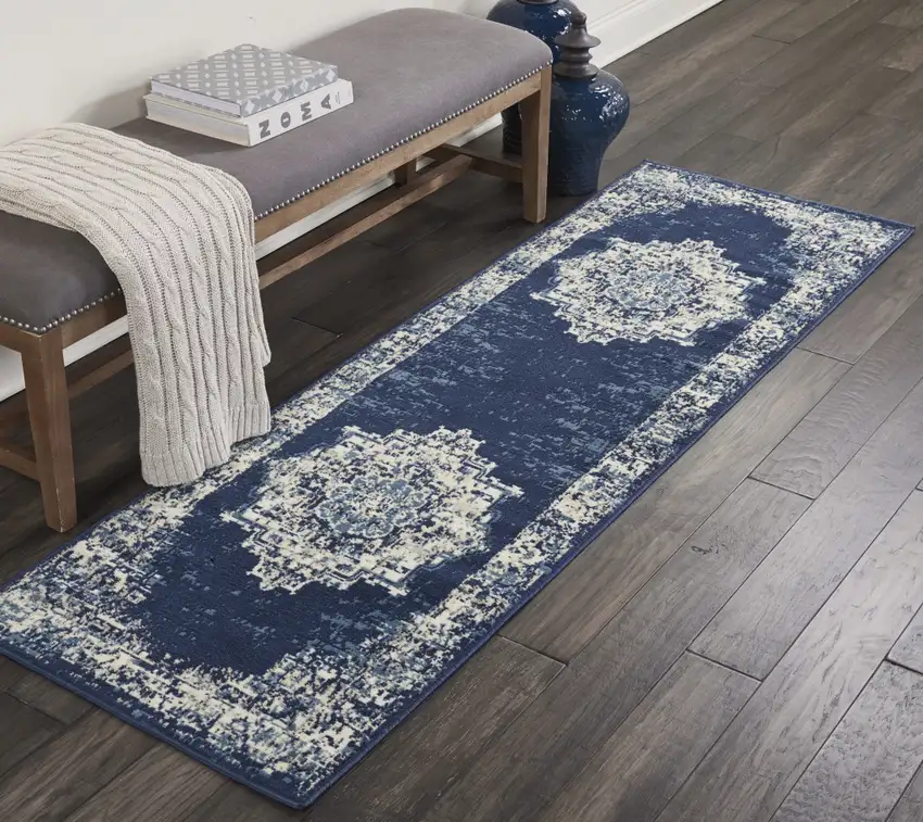6' Blue Medallion Distressed Runner Rug Photo 4
