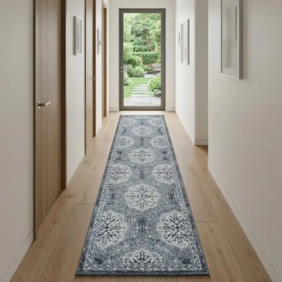 10' Charcoal and Ivory Medallion Power Loom Runner Rug Photo 1