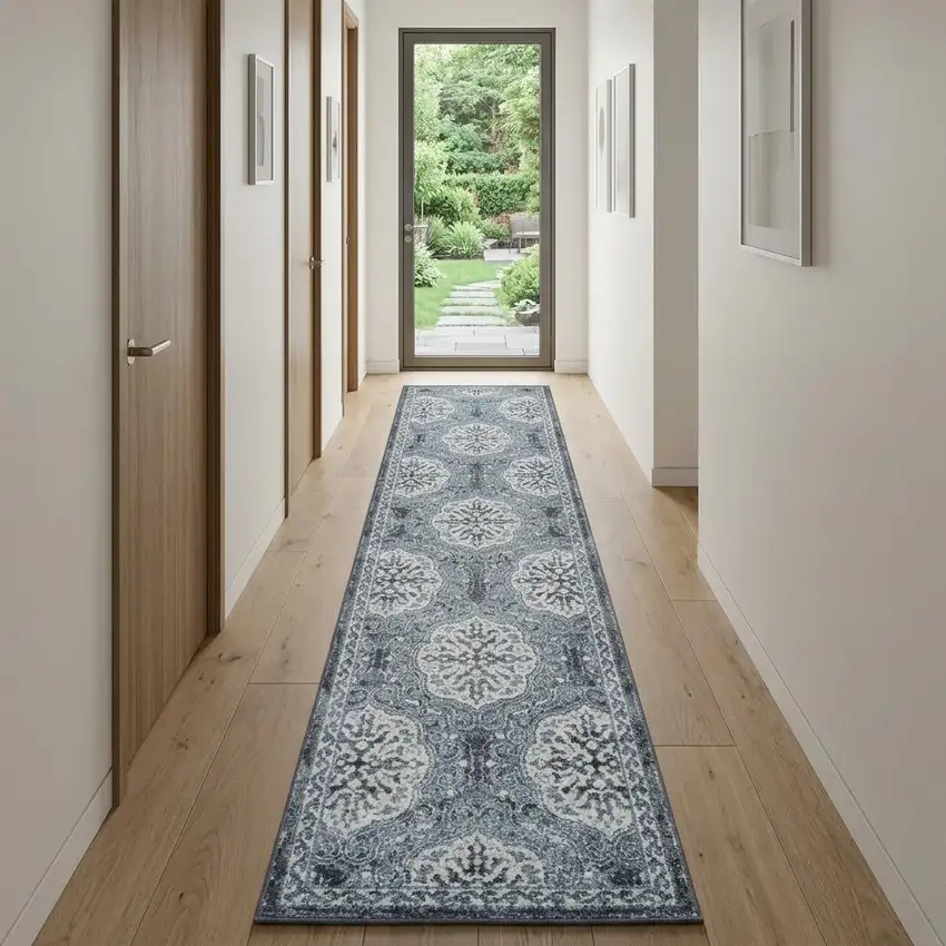 10' Charcoal and Ivory Medallion Power Loom Runner Rug Photo 1