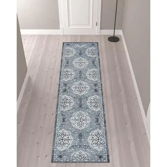 10' Blue Medallion Power Loom Runner Rug Photo 3