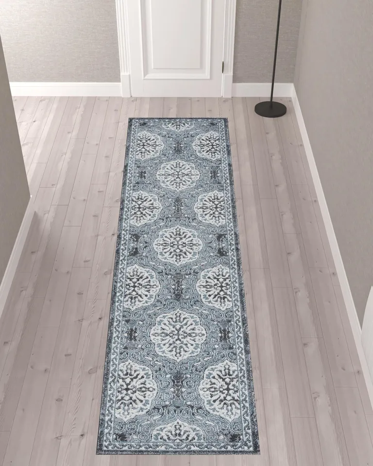 10' Blue Medallion Power Loom Runner Rug Photo 3