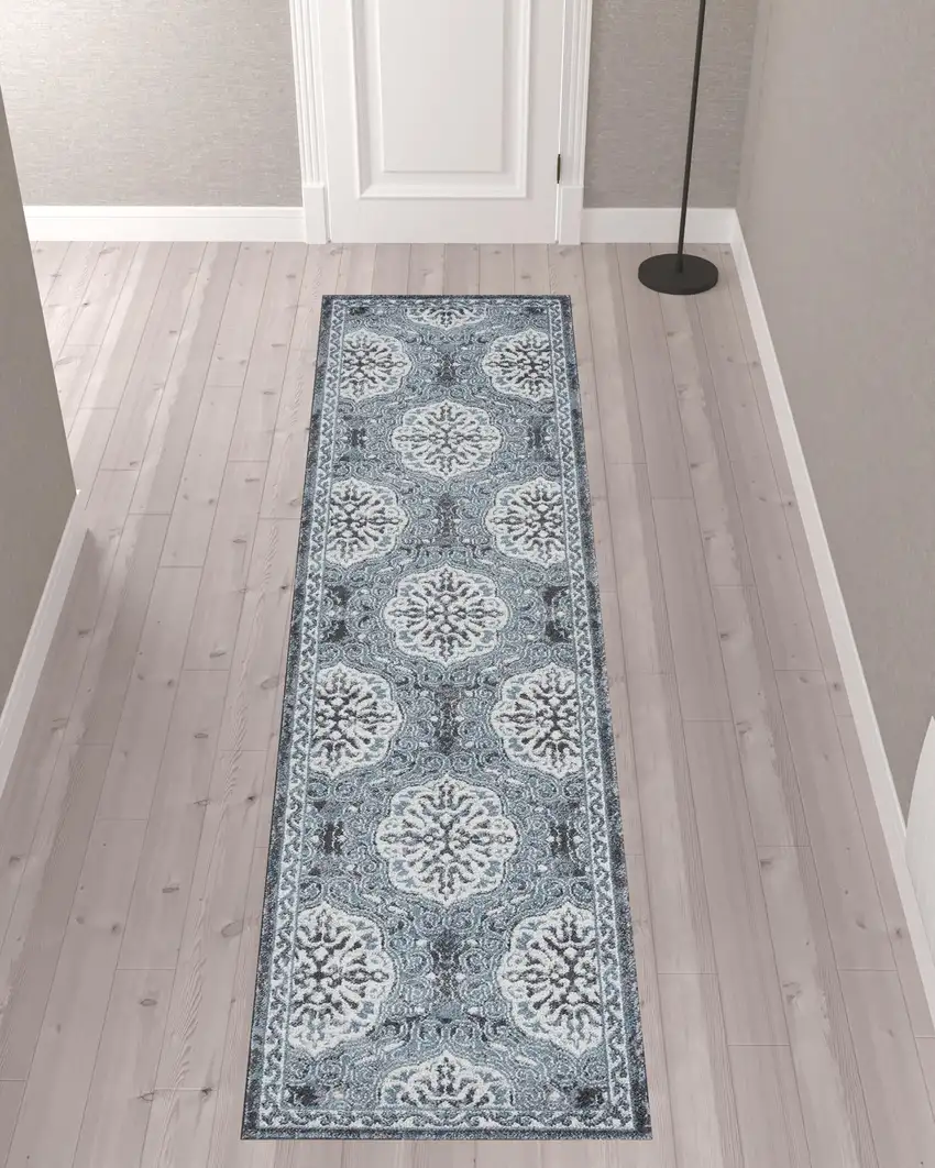 10' Blue Medallion Power Loom Runner Rug Photo 3