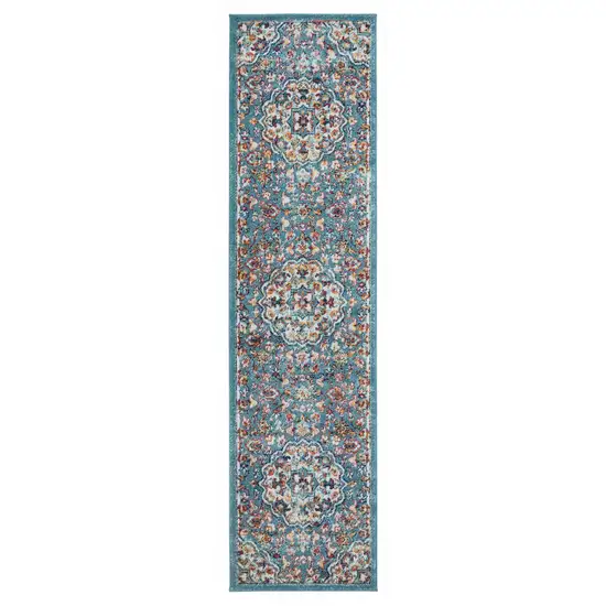 10' Blue Medallion Power Loom Runner Rug Photo 1