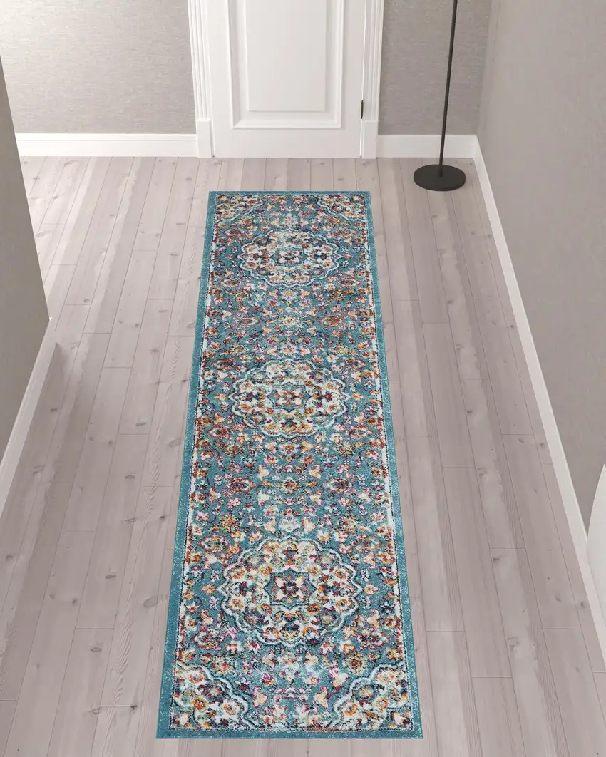 10' Blue Medallion Power Loom Runner Rug Photo 3