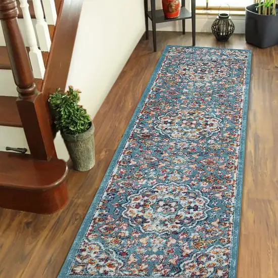 10' Blue Medallion Power Loom Runner Rug Photo 6
