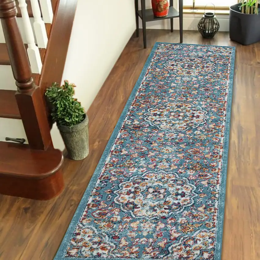 10' Blue Medallion Power Loom Runner Rug Photo 6