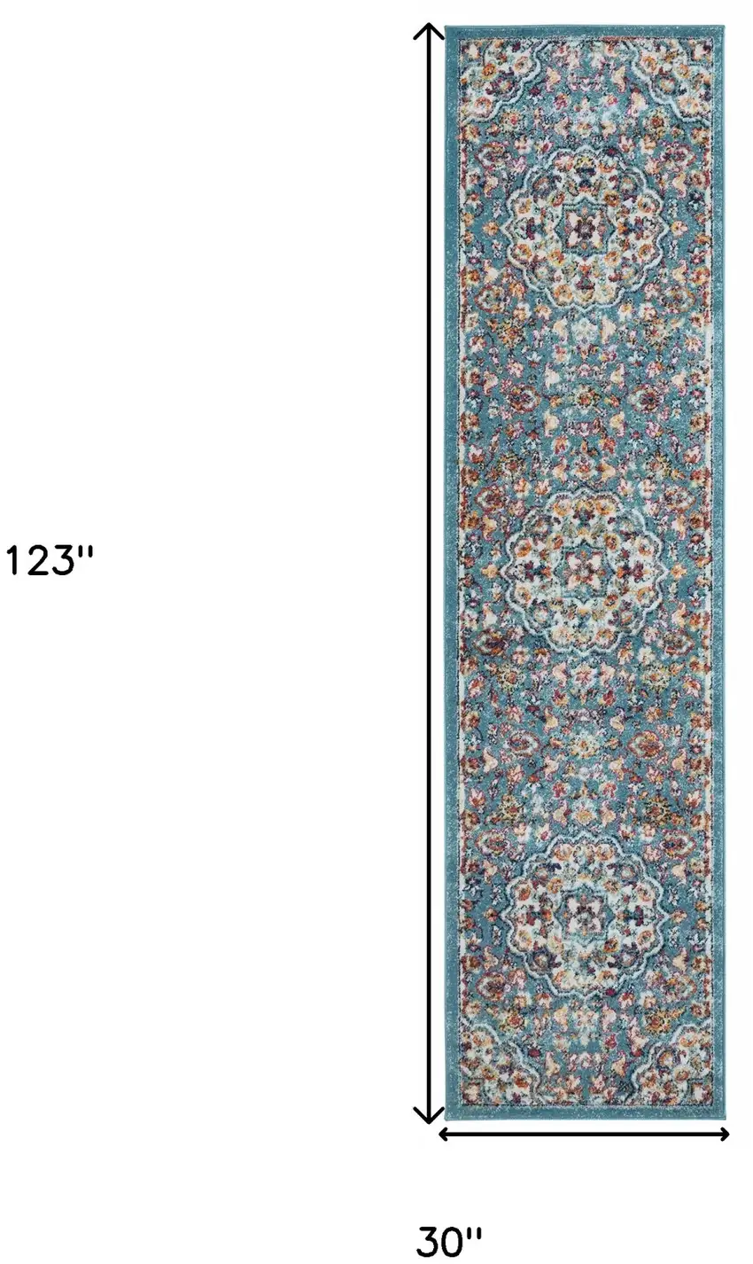 10' Blue Medallion Power Loom Runner Rug Photo 7