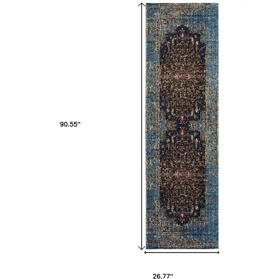 8' Blue Medallion Runner Rug Photo 3